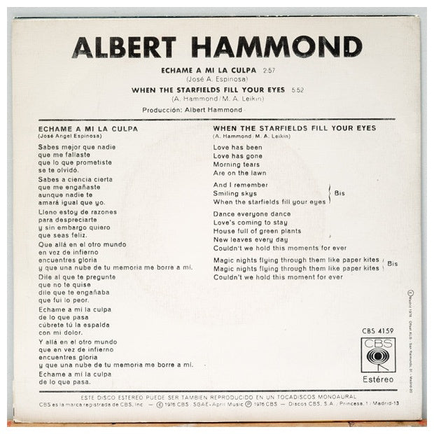ALBERT HAMMOND - ECHAME A MI LA CULPA | 7" SINGLE USADO
