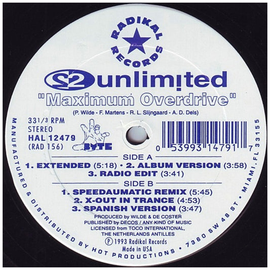 2 UNLIMITED - MAXIMUM OVERDRIVE | 12" MAXI SINGLE VINILO USADO