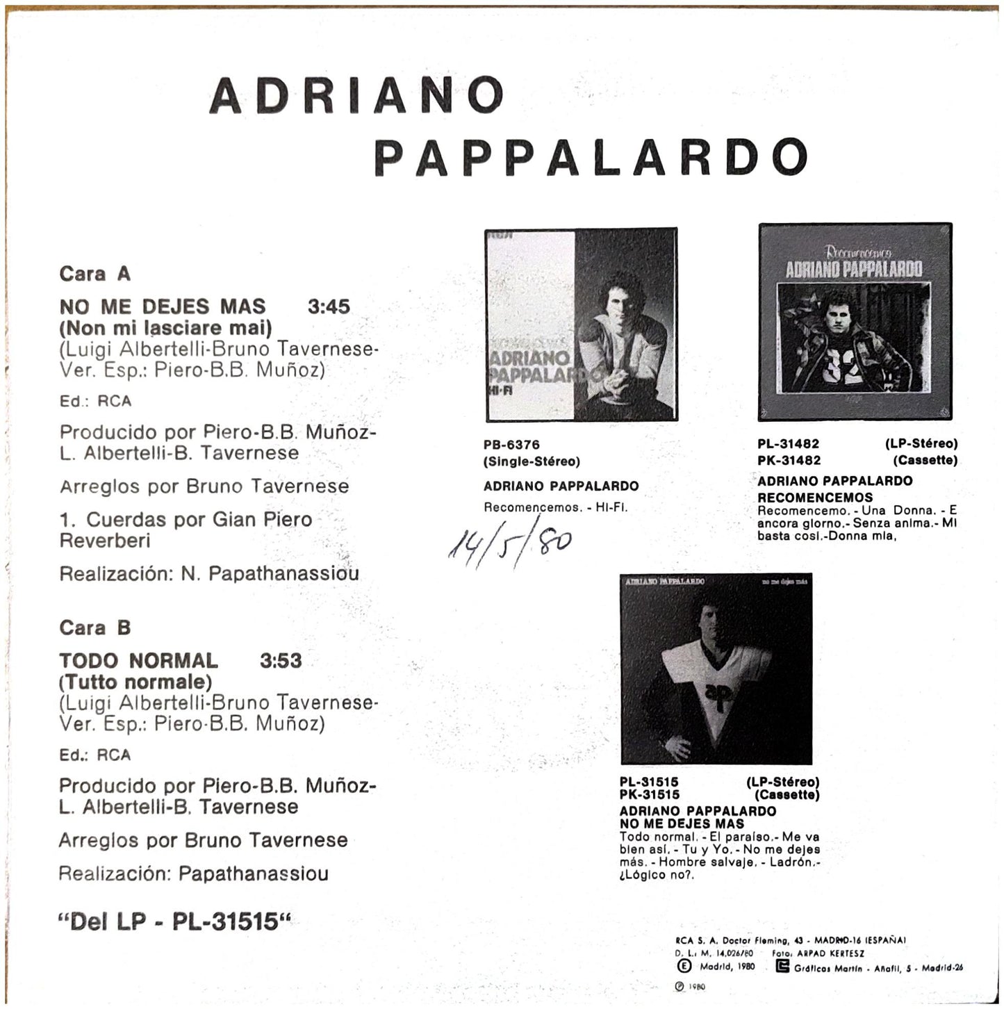 ADRIANO PAPPALARDO - NO ME DEJES MAS | 7" SINGLE VINILO USADO
