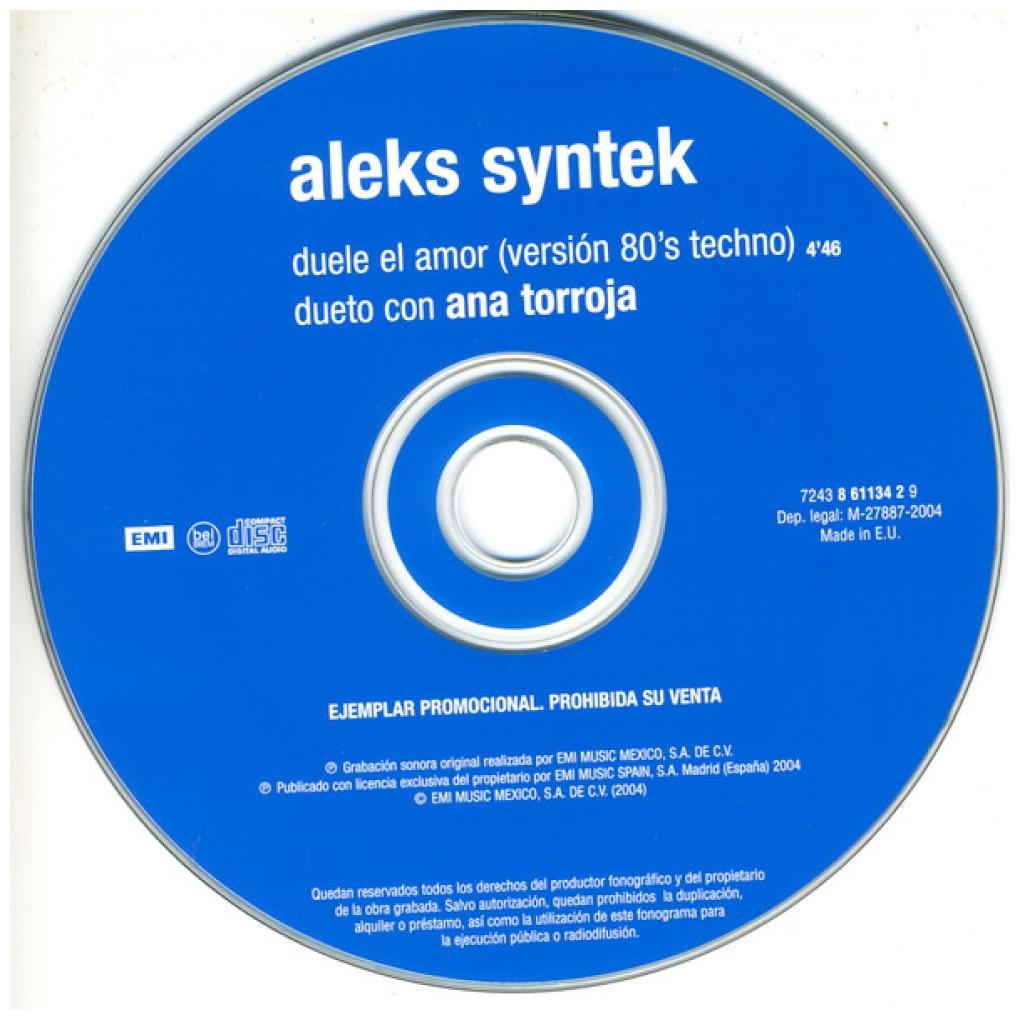 ALEKS SYNTEK DUETO CON ANA TORROJA - DUELE EL AMOR (VERSIÓN 80'S TECHNO) (CD SINGLE) (PROMO COPY) | CD