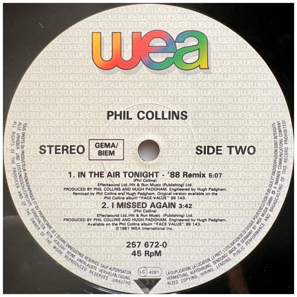 PHIL COLLINS - IN THE AIR TONIGHT (EXTENDED + '88 REMIX) | 12'' MAXI SINGLE USADO