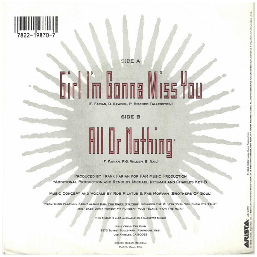 MILLI VANILLI - GIRL I'M GONNA MISS YOU/ALL OR NOTHING | 7" SINGLE USADO