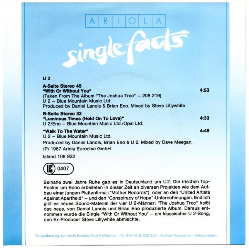 U2 - WITH OR WITHOUT YOU | 7" SINGLE USADO