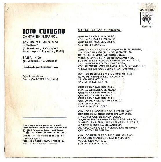 TOTO COTUGNO - SOY UN ITALIANO (EN ESPANOL) | 7" SINGLE VINILO USADO