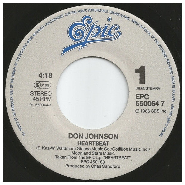 DON JOHNSON - HEARTBEAT | 7" SINGLE USADO