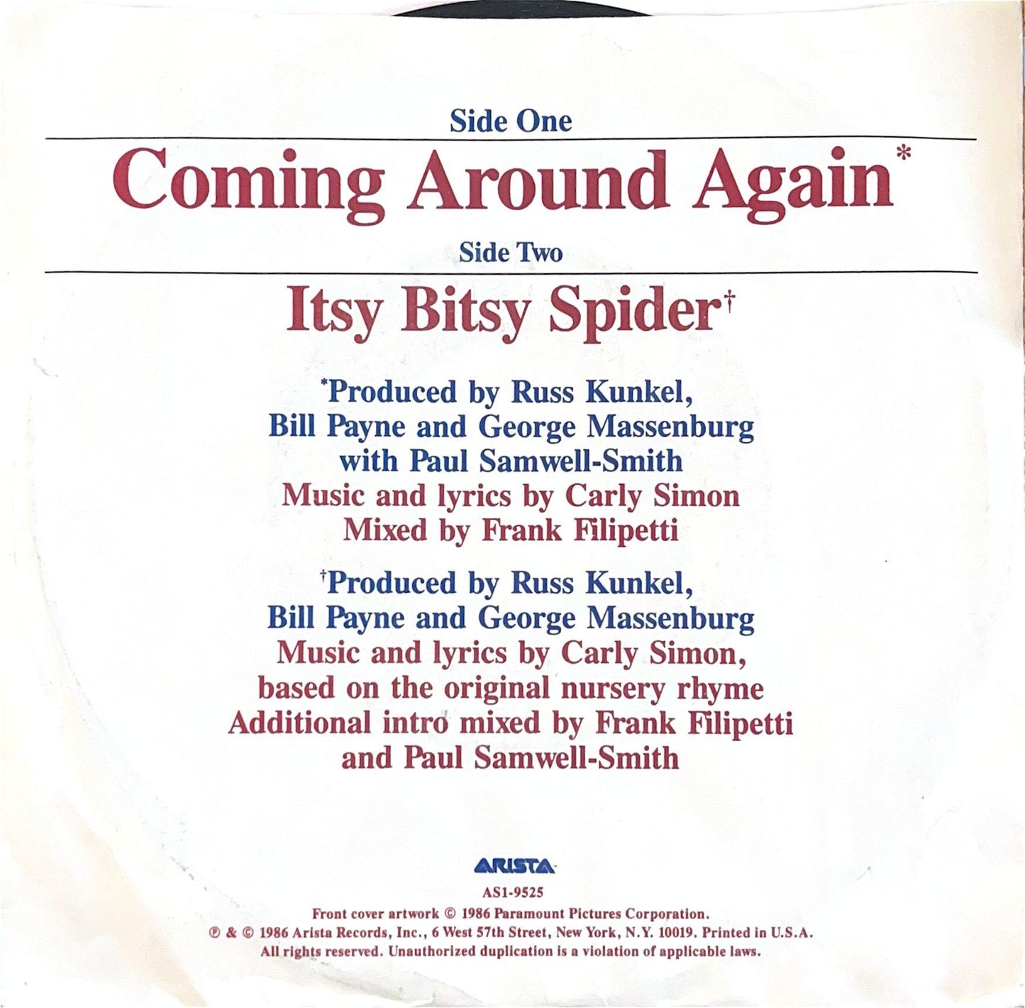 CARLY SIMON - COMING AROUND AGAIN/ITBY BITSY SPIDER | 7" SINGLE USADO
