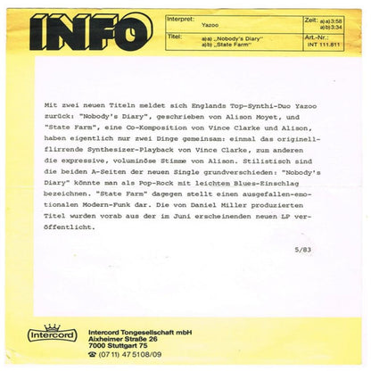 YAZOO - NOBODY'S DIARY | 7" SINGLE USADO