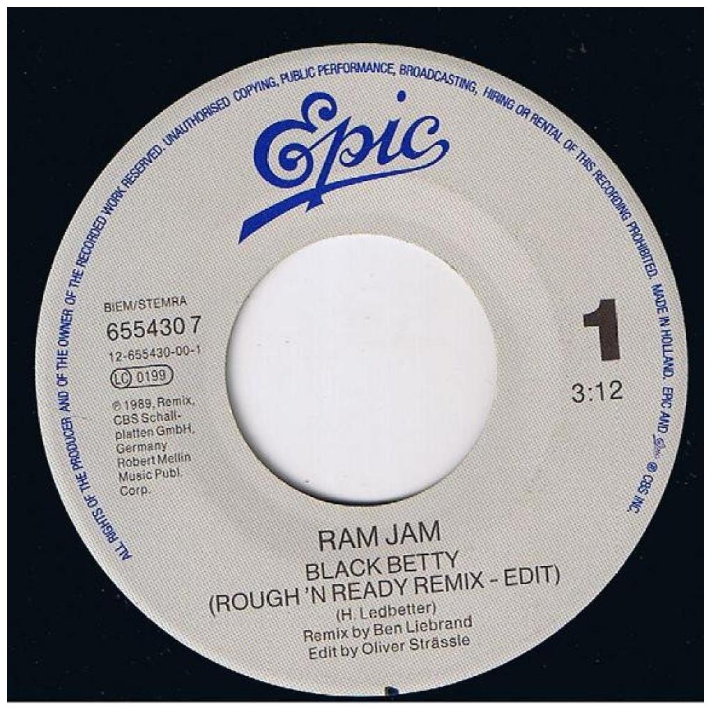 RAM JAM - BLACK BETTY (REMIXÓRIGINAL VERSION) | 7" SINGLE USADO