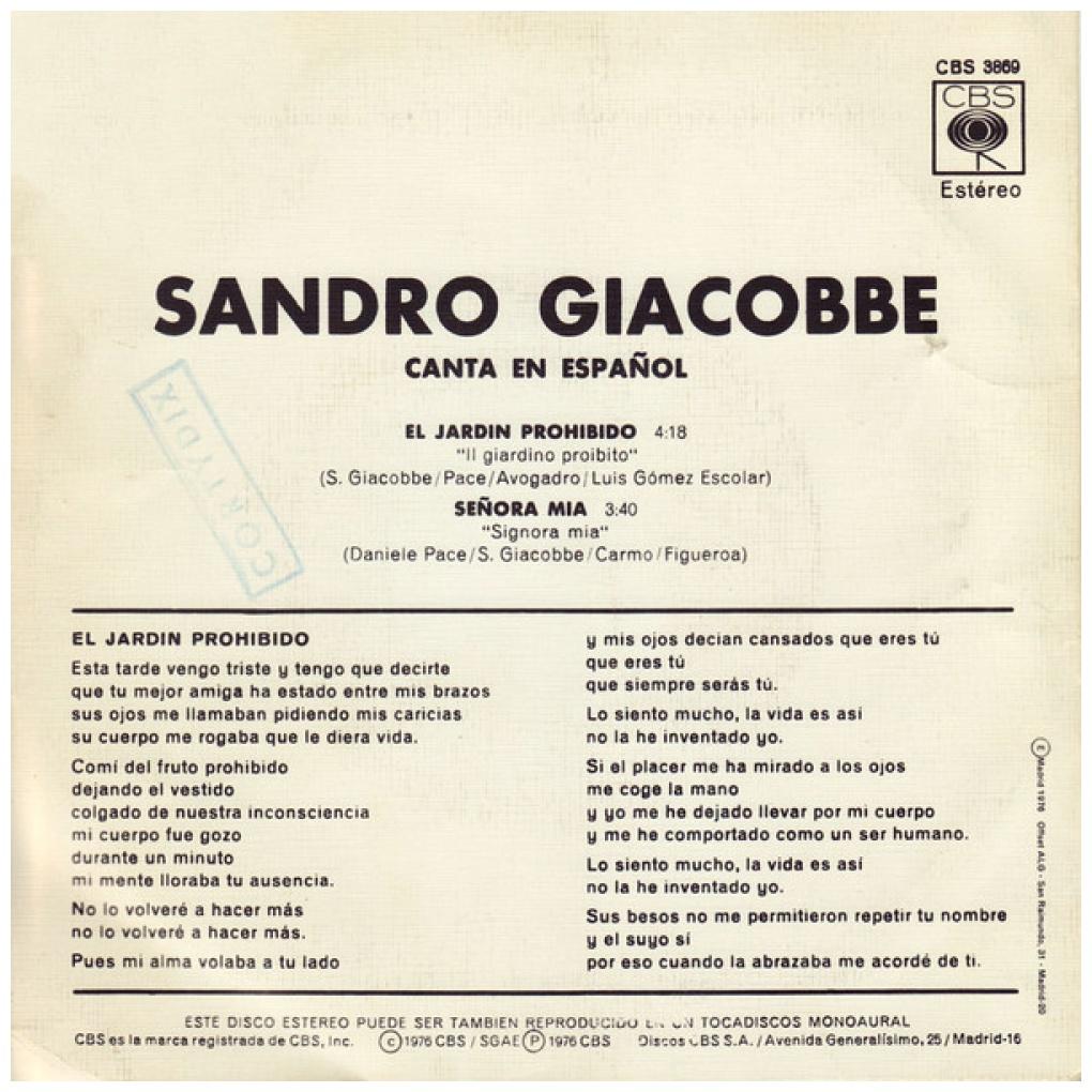 SANDRO GIACOBBE - EL JARDIN PROHIBIDO (EN ESPAÑOL/ITALIANO) (PROMO COPY) | 7" SINGLE USADO