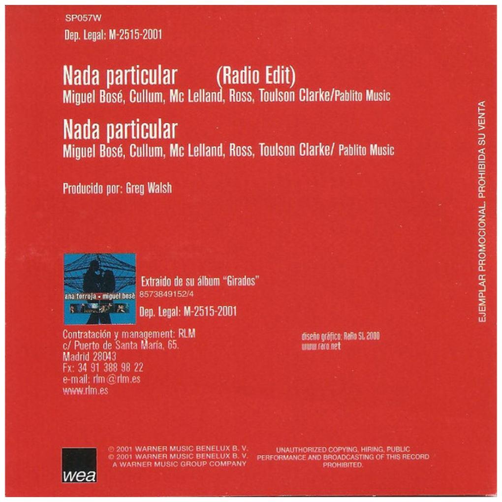 MIGUEL BOSE Y ANA TORROJA - NADA PARTICULAR (CD SINGLE) (PROMO COPY) | CD