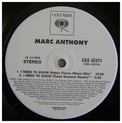 MARC ANTHONY - I NEED TO KNOW (PROMO) | 12" MAXI SINGLE USADO