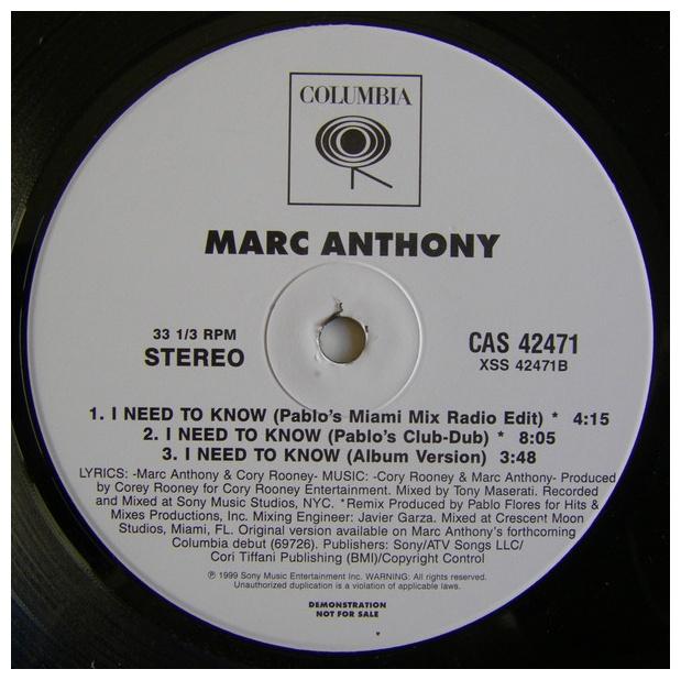 MARC ANTHONY - I NEED TO KNOW (PROMO) | 12" MAXI SINGLE USADO