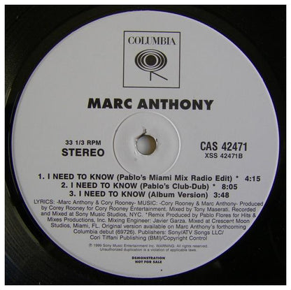 MARC ANTHONY - I NEED TO KNOW (PROMO) | 12" MAXI SINGLE USADO