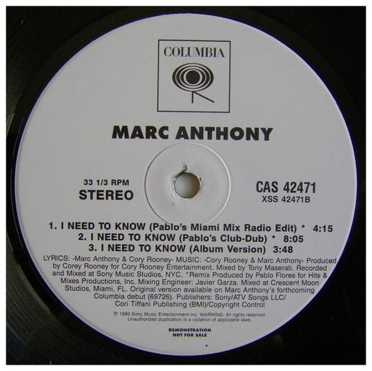 MARC ANTHONY - I NEED TO KNOW (PROMO) | 12" MAXI SINGLE USADO