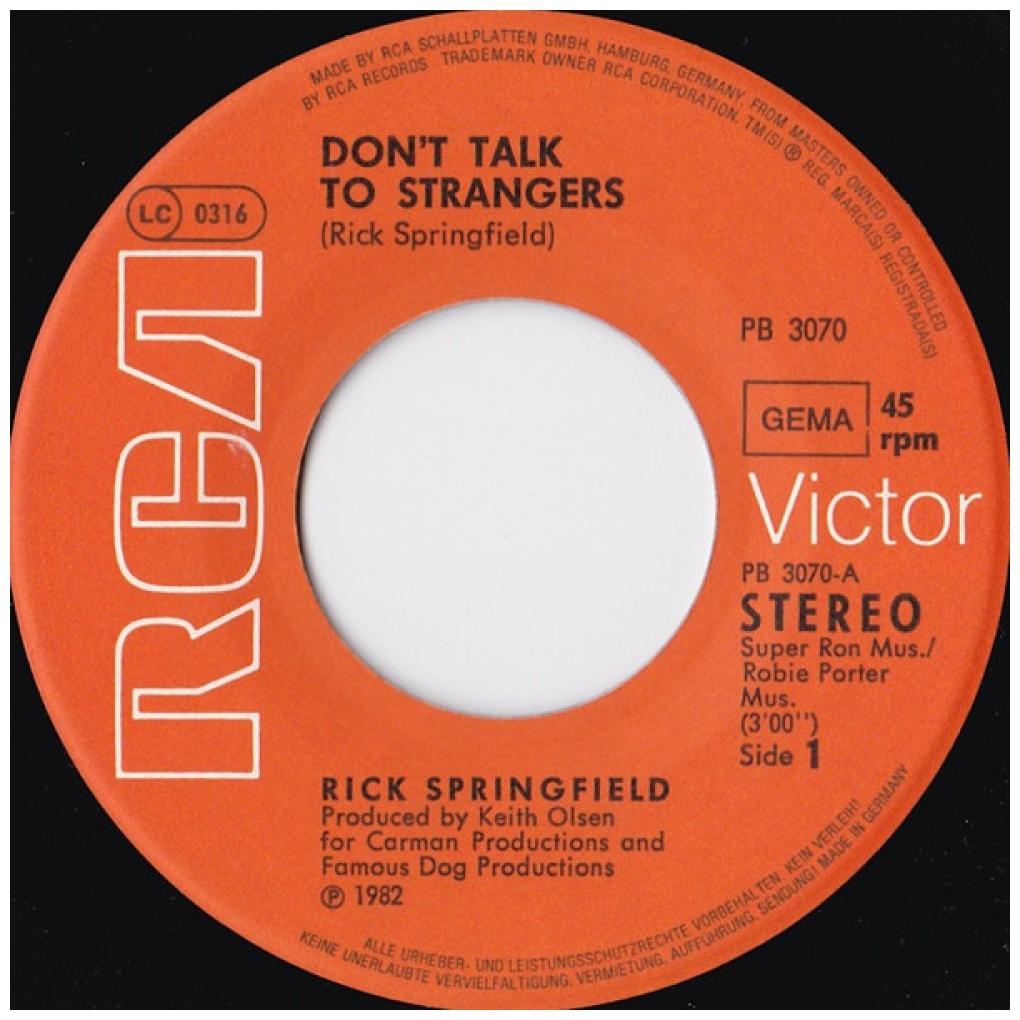 RICK SPRINGFIELD - DON'T TALK TO STRANGERS | 7" SINGLE USADO