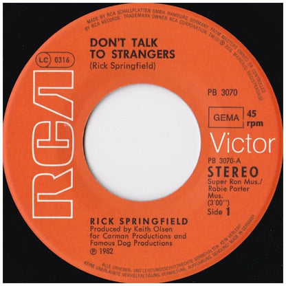 RICK SPRINGFIELD - DON'T TALK TO STRANGERS | 7" SINGLE USADO