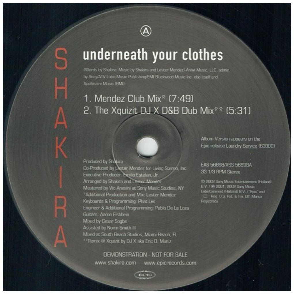 SHAKIRA - UNDERNEATH YOUR CLOTHES (MENDEZ CLUB MIX) (PROMO COPY) | 12'' MAXI SINGLE USADO