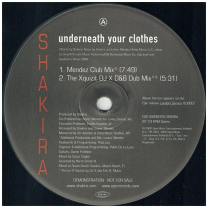 SHAKIRA - UNDERNEATH YOUR CLOTHES (MENDEZ CLUB MIX) (PROMO COPY) | 12'' MAXI SINGLE USADO