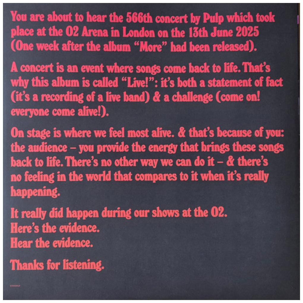 PULP - LIVE! (The O2 in London on 13 June 2025) (2LP) | VINILO