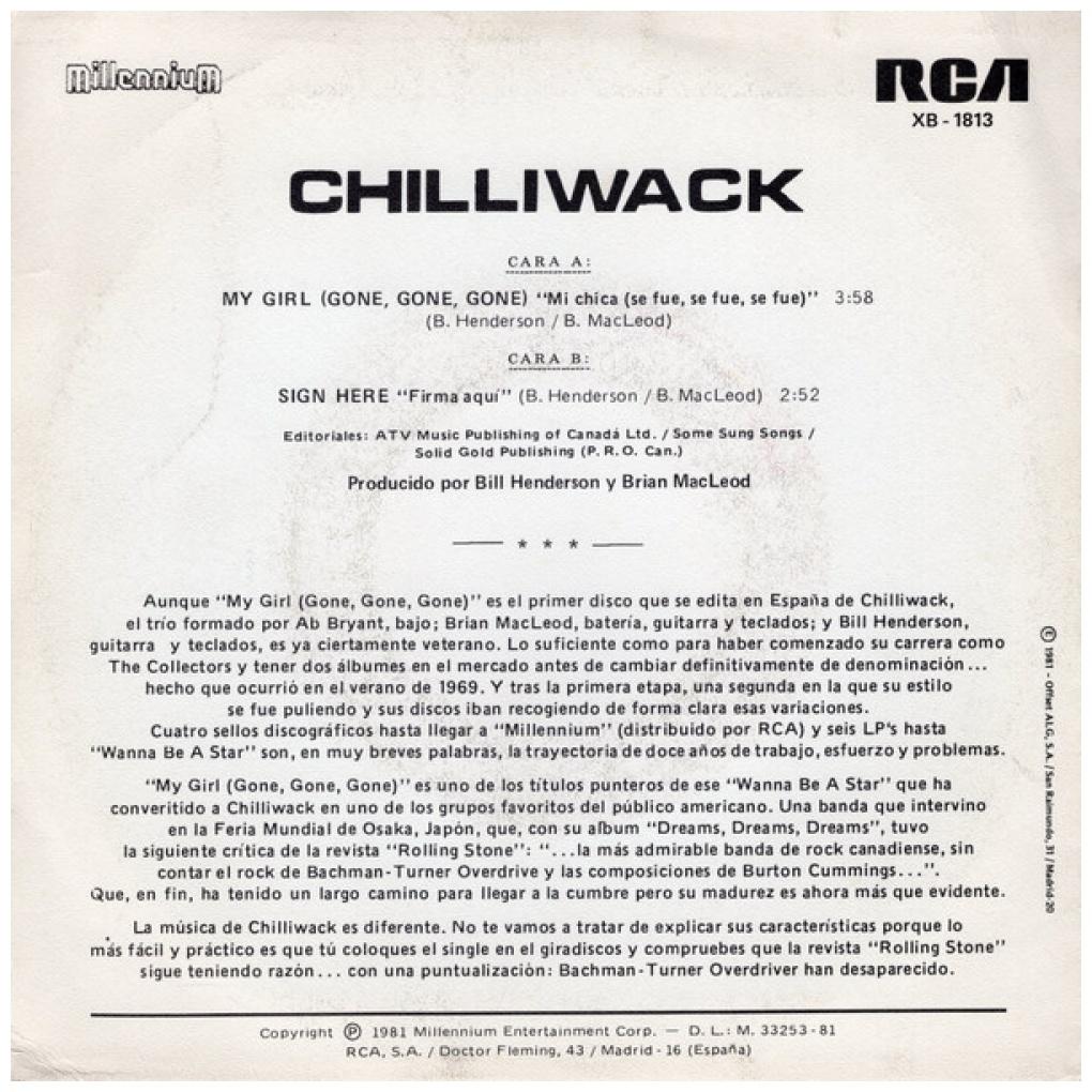 CHILLIWACK - MY GIRL (GONE, GONE, GONE) | 7" SINGLE USADO