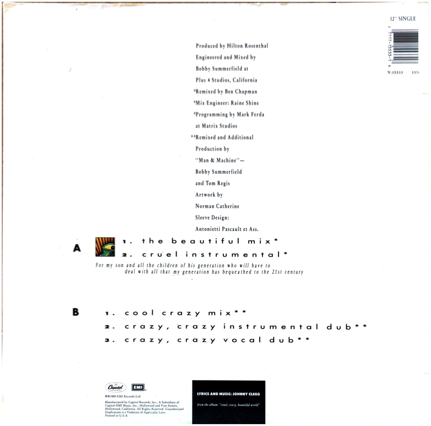 JOHNNY CLEGG & SAVUKA - CRUEL, CRAZY, BEAUTIFUL WORLD | 12" MAXI SINGLE USADO