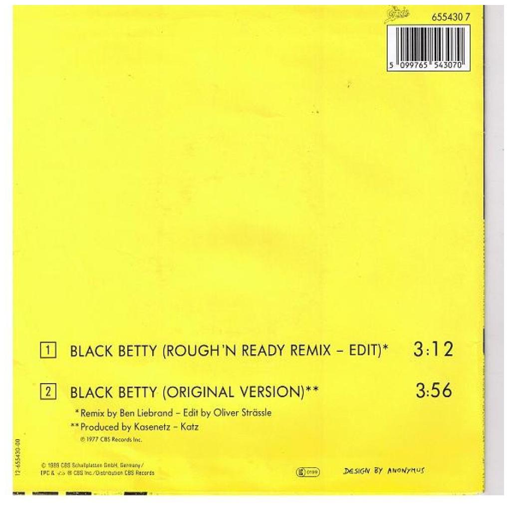 RAM JAM - BLACK BETTY (REMIXÓRIGINAL VERSION) | 7" SINGLE USADO