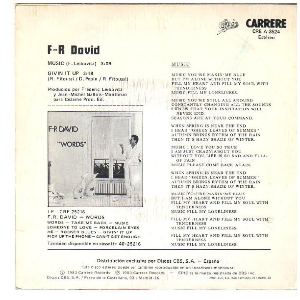 F.R. DAVID - MUSIC | 7" SINGLE USADO