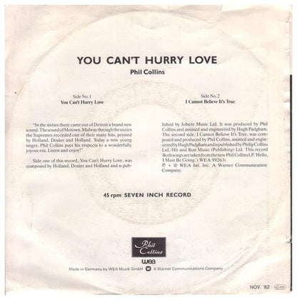 PHIL COLLINS - YOU CANT HURRY LOVE/I CANNOT BELIEVE ITS TRUE | 7 SINGLE VINILO USADO
