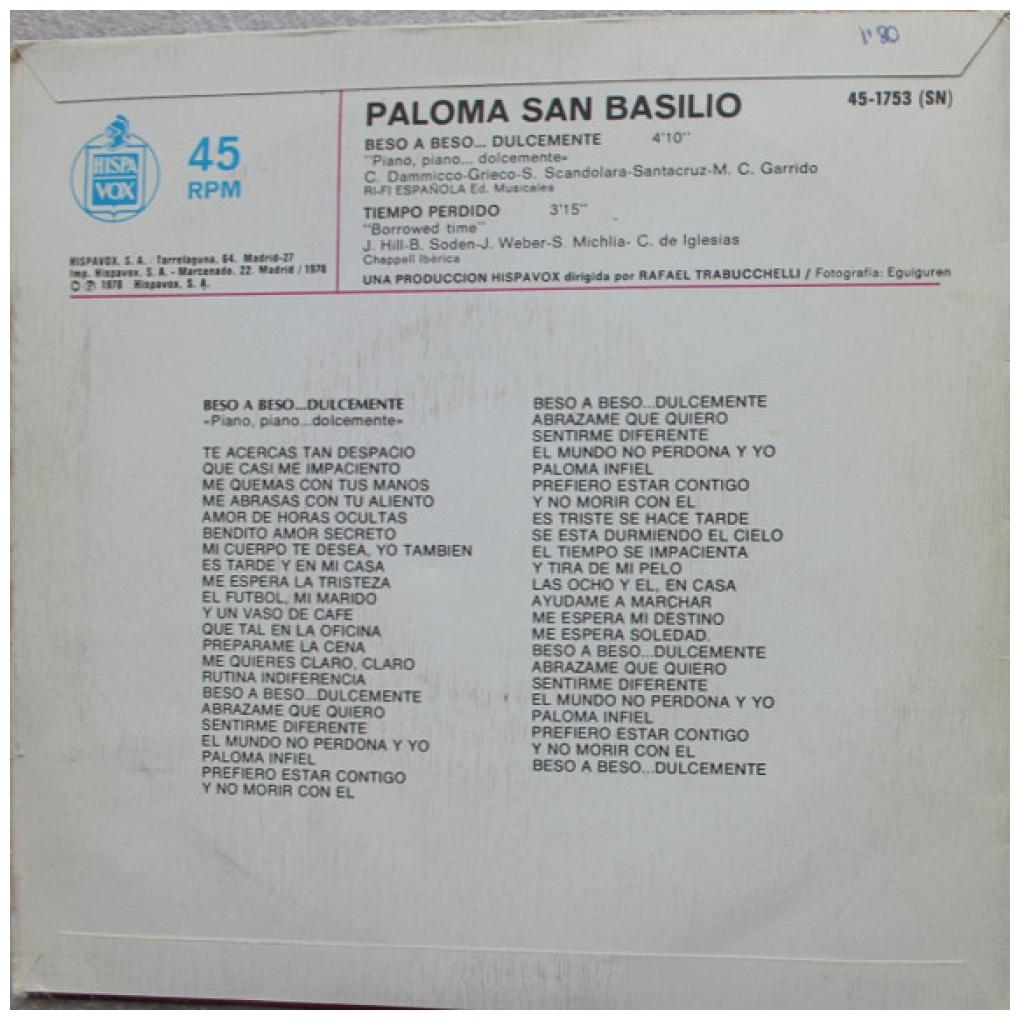 PALOMA SAN BASILIO - BESO A BESO...DULCEMENTE | 7" SINGLE USADO