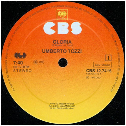 UMBERTO TOZZI - GLORIA (EXTENDED VERSION) | 12'' MAXI SINGLE USADO