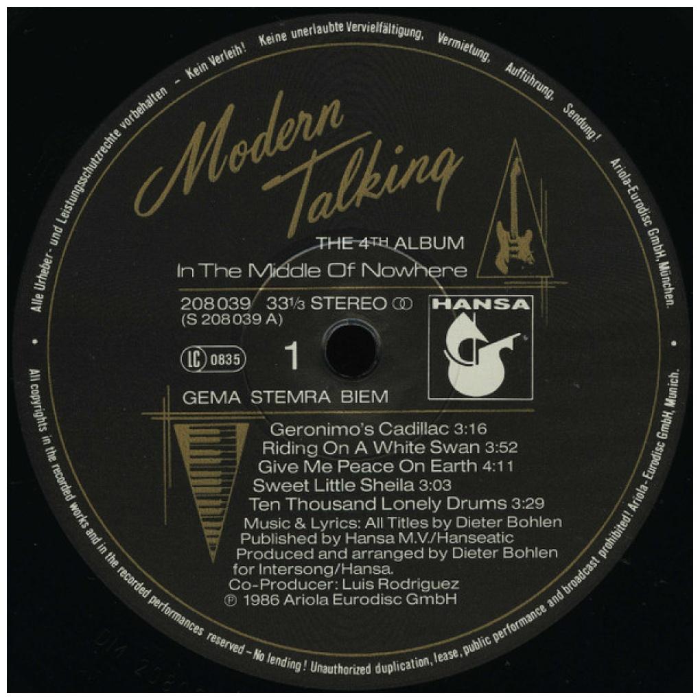 MODERN TALKING - IN THE MIDDLE OF NOWHERE - THE 4TH ALBUM | VINILO USADO