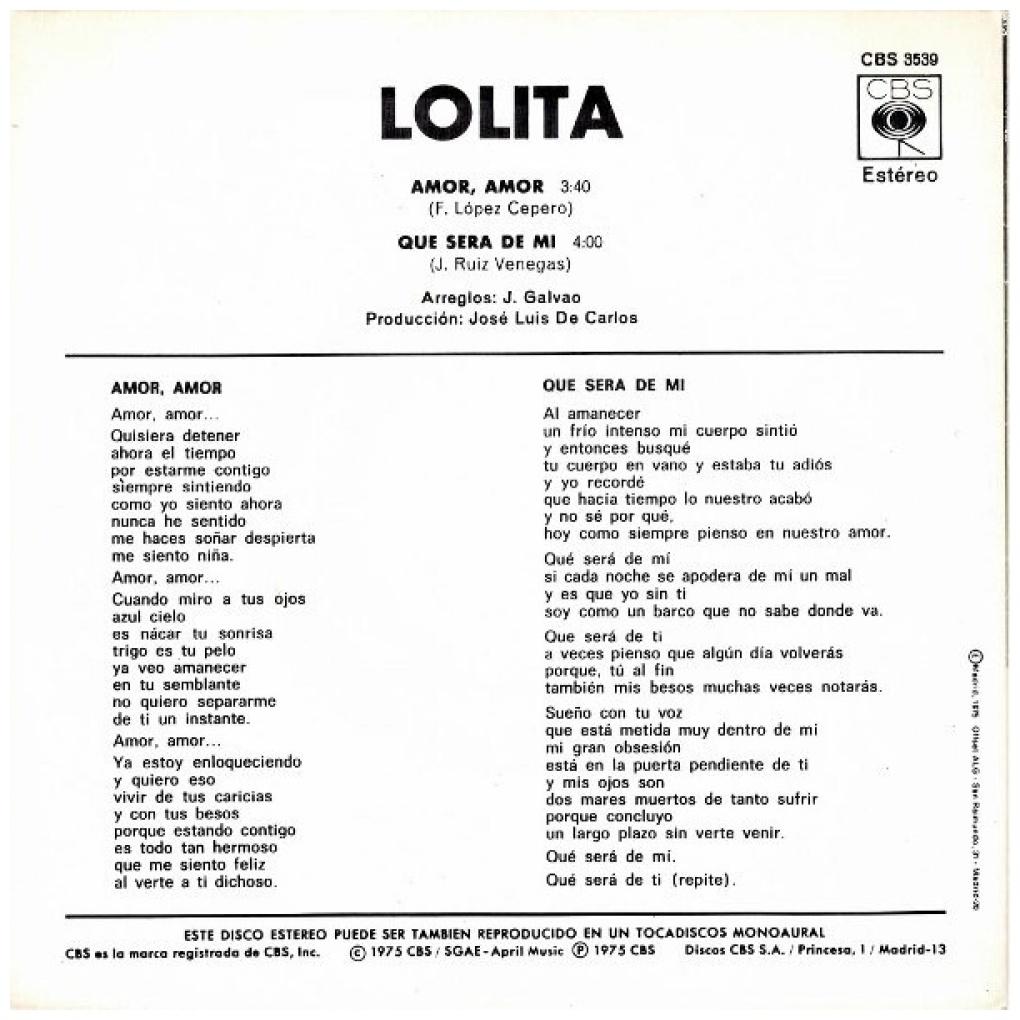 LOLITA - AMOR, AMOR | 7" SINGLE USADO