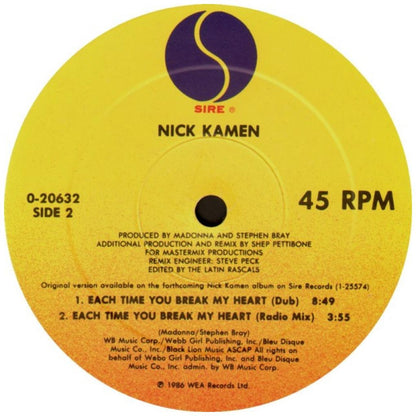 NICK KAMEN - EACH TIME YOU BREAK MY HEART | 12" MAXI SINGLE VINILO USADO