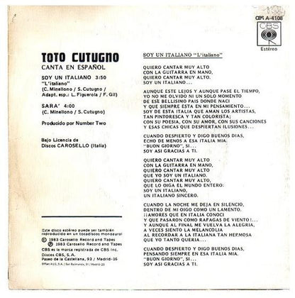 TOTO COTUGNO - SOY UN ITALIANO (EN ESPANOL) | 7" SINGLE VINILO USADO